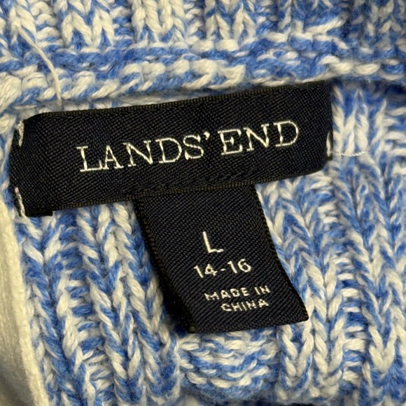 Lands End Blue White Cable Knit Sweater Gold Button Pullover Women Large - Picture 3 of 7